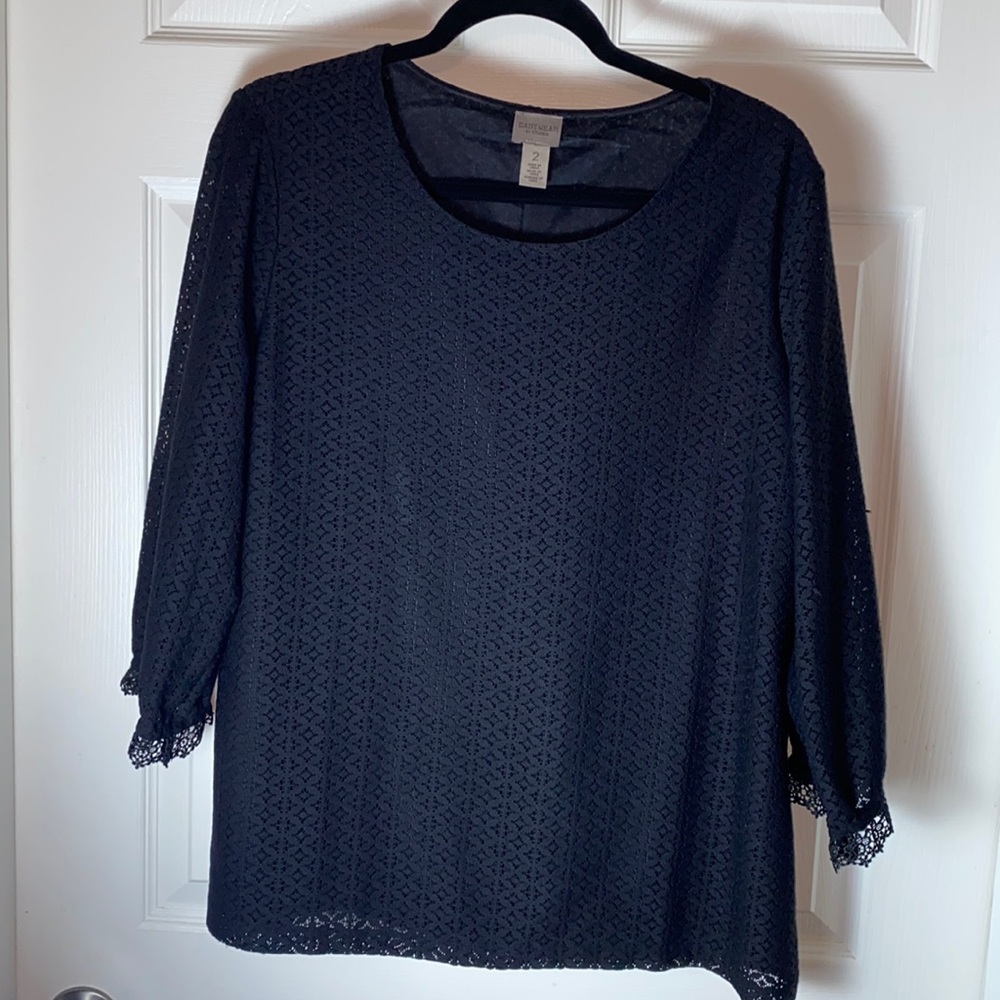 Chico's Women's Size 2(L) Black 3/4 Sleeve Lace Overlay Lined top